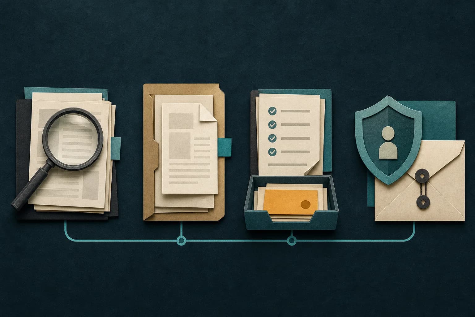Four connected stages: search public documents, narrow the request, track the response, and share safely.